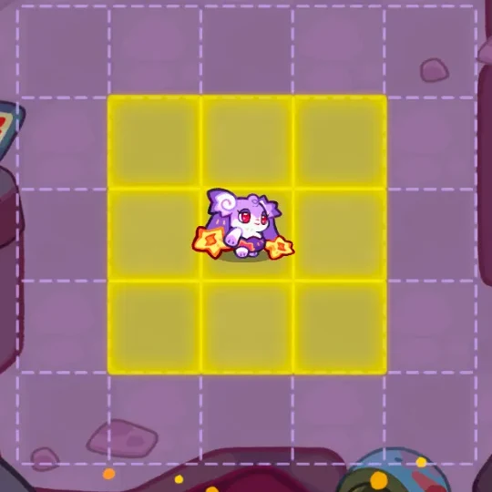 Cheerling's 3x3 buff area highlighted in yellow