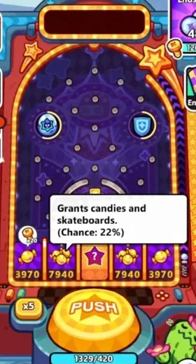 Pinball board with the candy and skateboard reward tile, 22% chance
