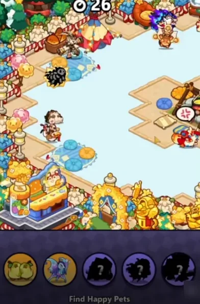 Visiting a friend's camp with a 26-second countdown and the Find Happy Pets bar