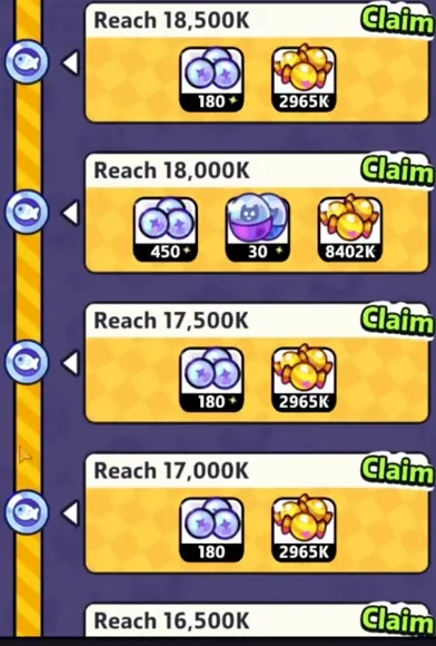 Event milestone list from Reach 16,500K to 18,500K with Claim buttons