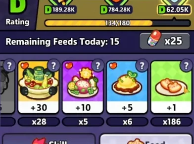 Tikowl's feeding screen with +30, +10, +5 food and +1 cookies