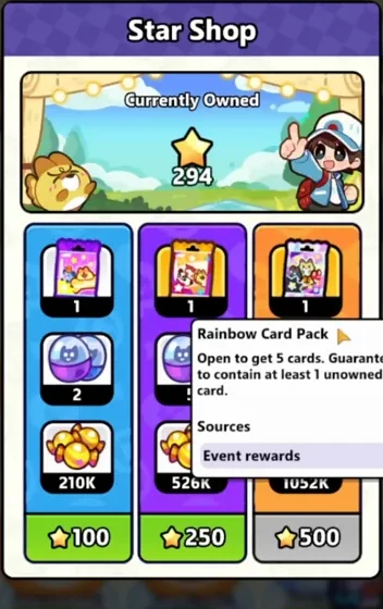The Star Shop with 294 stars and a Rainbow Card Pack for 500 stars