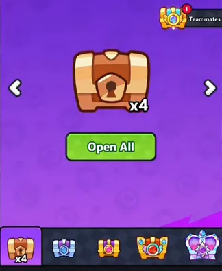 The Rewards screen with 4 chests waiting and an Open All button